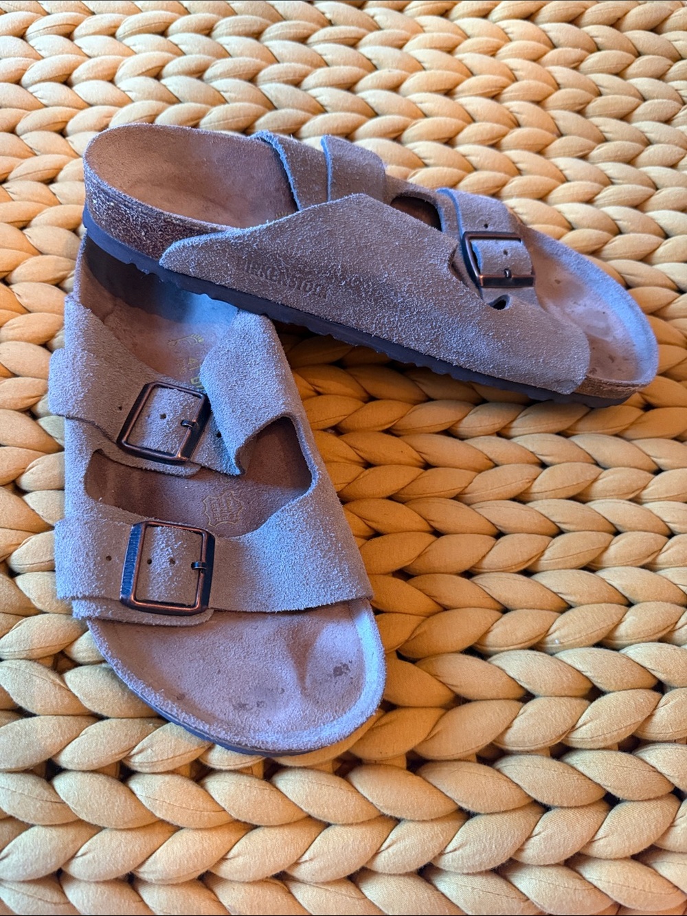Birkenstock Two-Strap Suede Slides in Taupe/Beige